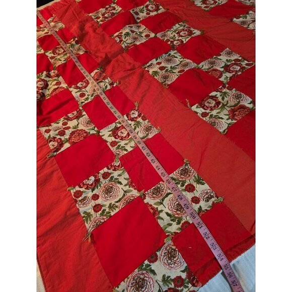 Vintage Handmade Red Cottagecore Patchwork Floral Quilted Throw Blanket - Picture 6 of 13